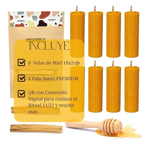 BESOULS 8 Velas de Miel de Abeja y 2 Palo Santo de REGALO | Ritual Mágico de Buena Suerte 11/22 + QR con contenido digital | 100% Cera e Incienso Natural | Hechas a Mano | Sin Parafina 10x2cm