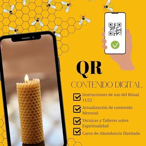 BESOULS 8 Velas de Miel de Abeja y 2 Palo Santo de REGALO | Ritual Mágico de Buena Suerte 11/22 + QR con contenido digital | 100% Cera e Incienso Natural | Hechas a Mano | Sin Parafina 10x2cm